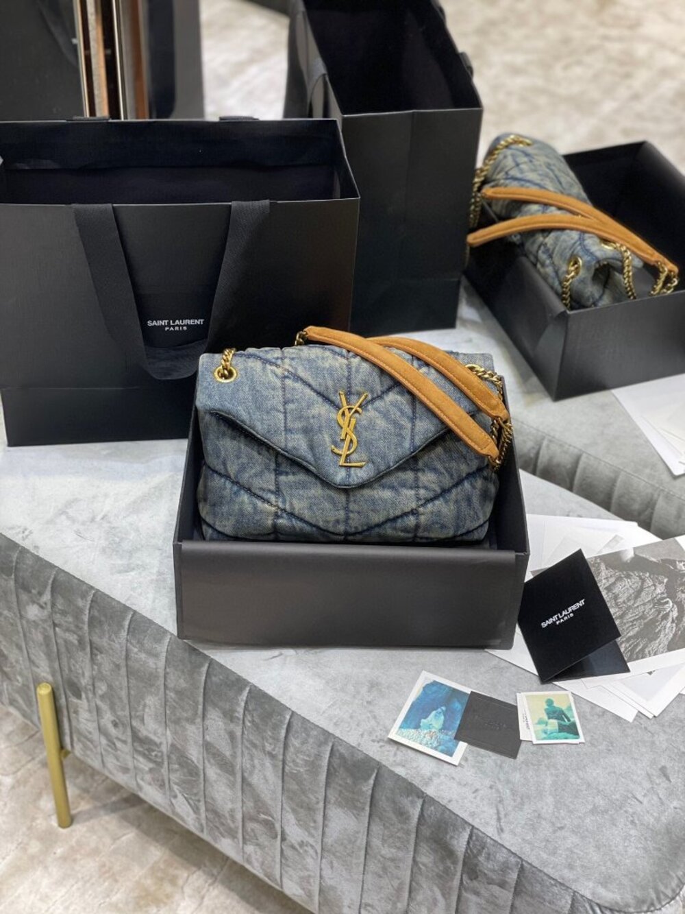 YSL Saint Laurent Puffer Small Shoulder Bag in Denim & Gold Tone Metal Strap
